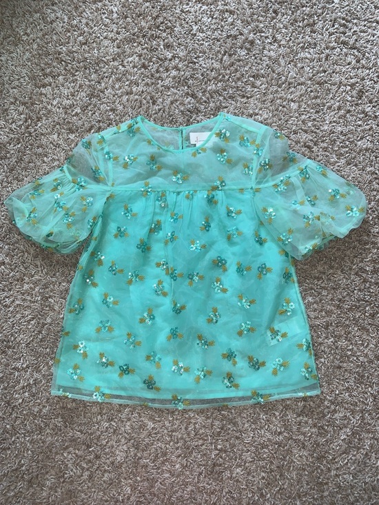Anthropologie Sabine Beaded Sequin Mint Green Embroidered Puff Sleeve Blouse - Picture 5 of 11